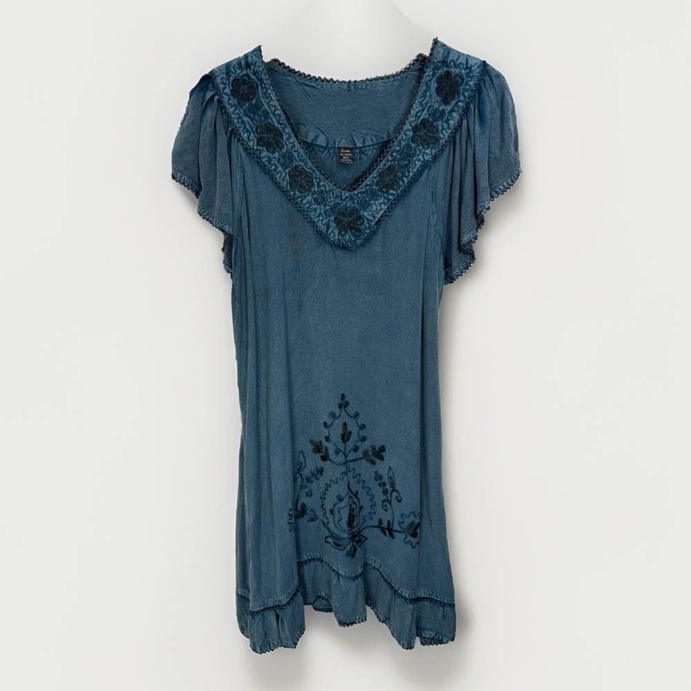 Zury Dress Womens Sz M / L Dark Teal Embroidered Boho Festival Hippie Peasant